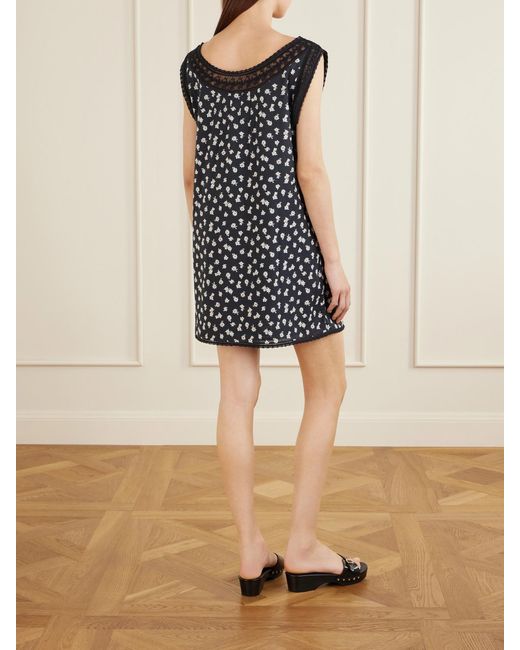 Posse Black Danielle Floral-Print Lace-Trimmed Cotton Mini Dress