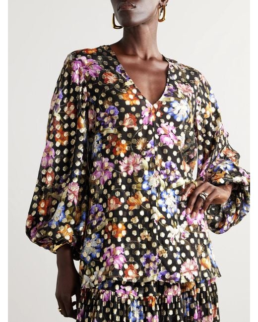 Borgo De Nor Black Stellan Floral-Print Metallic Fil Coupé Chiffon Blouse