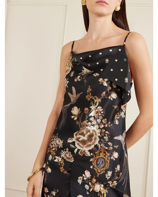 Camilla Black Asymmetric Draped Embellished Embroidered Printed Silk-Satin Top