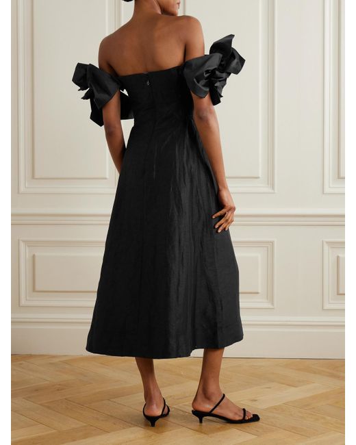 Robe Midi Épaules Nues En Lin Mélangé À Appliqués Etta Aje. en coloris Black