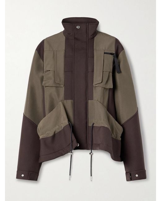 Sacai Brown Draped Paneled Scuba And Cotton-Blend Grosgrain Jacket