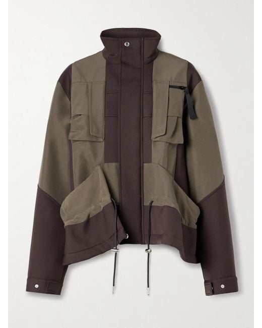 Sacai Brown Draped Paneled Scuba And Cotton-Blend Grosgrain Jacket
