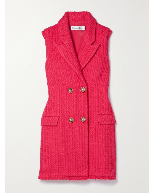 Oscar de la Renta Pink Button-Embellished Frayed Wool-Blend Tweed Mini Dress