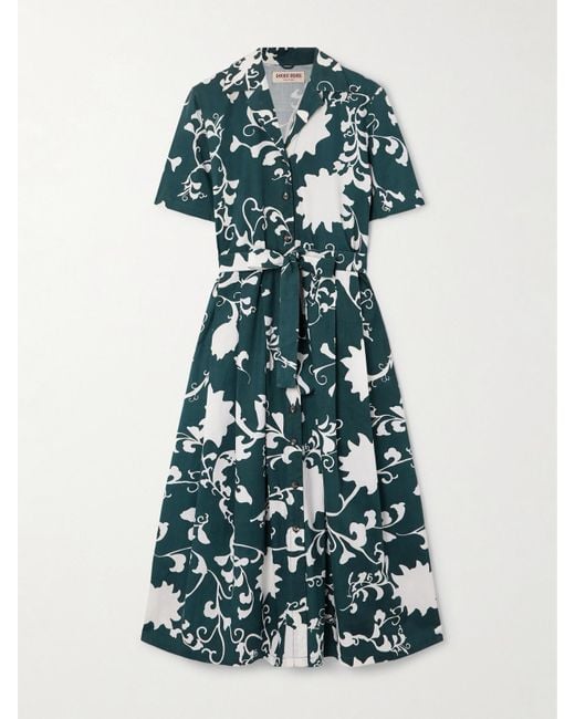 Emporio Sirenuse Blue Claudia Belted Pleated Floral-Print Cotton Midi Dress