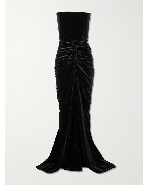 Alex Perry Black Strapless Ruched Velvet Gown