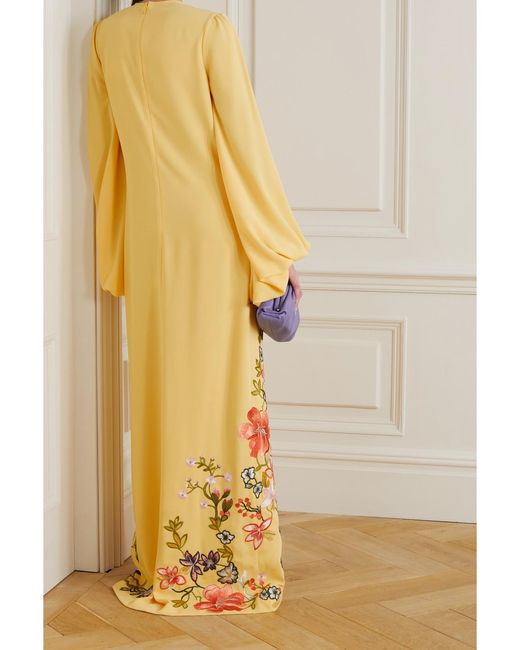 Costarellos Yellow Zinnia Embroidered Crepe Gown