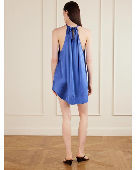 Aflalo Blue Bexley Gathered Silk-Satin Halterneck Mini Dress