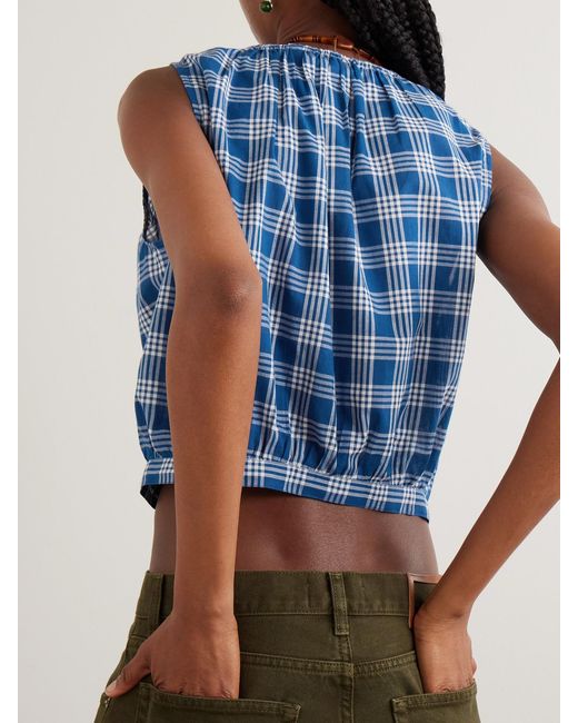 Doen Blue Theo Cropped Checked Organic Cotton Top