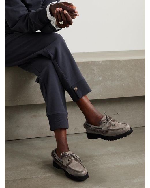 Brunello Cucinelli Brown Loafers Aus Veloursleder Mit Shearling-Besätzen Und Zierperlen
