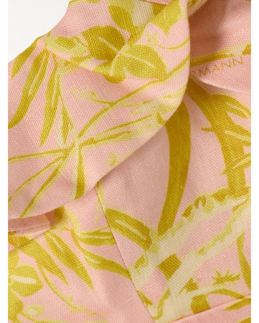 Zimmermann Yellow Golden Rückenfreies Minikleid Aus Leinen Mit Blumenprint, Rüschen Und Schleife