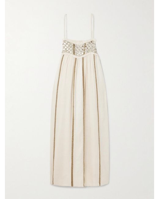 Alix Of Bohemia Natural Eden Frayed Embellished Striped Cotton-Blend Gauze Midi Dress