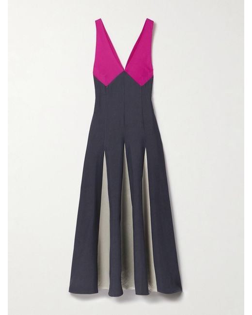 Maria McManus Purple Paneled Twill, Crepe De Chine And Satin Maxi Dress