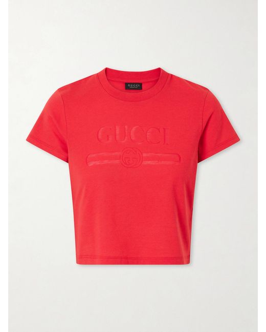 Gucci Red Logo-Print Cropped Cotton-Blend T-Shirt