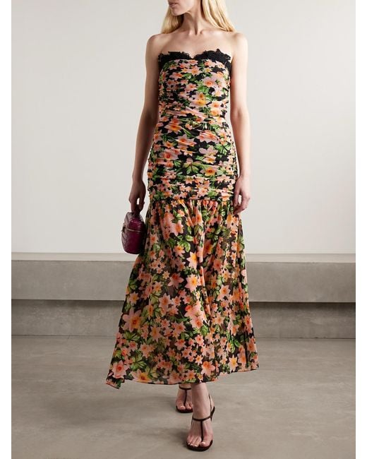 Kika Vargas Natural Viola Lace-Trimmed Floral-Print Chiffon Midi Dress