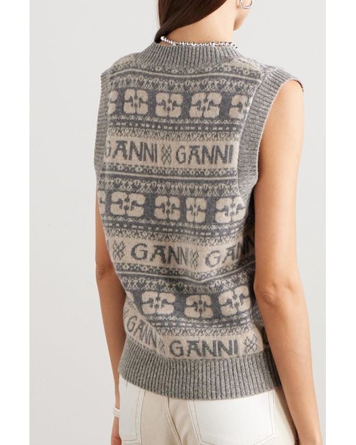 Ganni Fair Isle Jacquard-knit Wool-blend Vest in Gray | Lyst