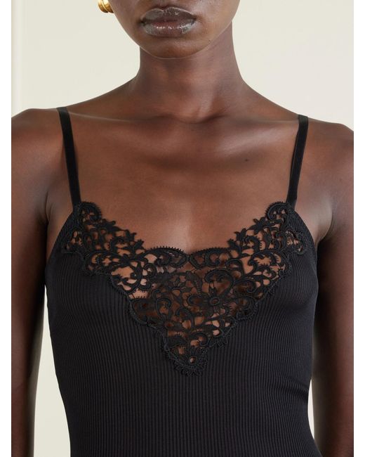 Saint Laurent Black Lace-Trimmed Ribbed Silk Tank
