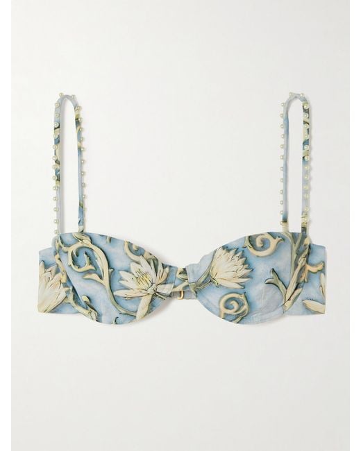 Agua Bendita Blue Magdalena Soledad Faux Pearl-Embellished Floral-Print Recycled Underwired Bikini Top
