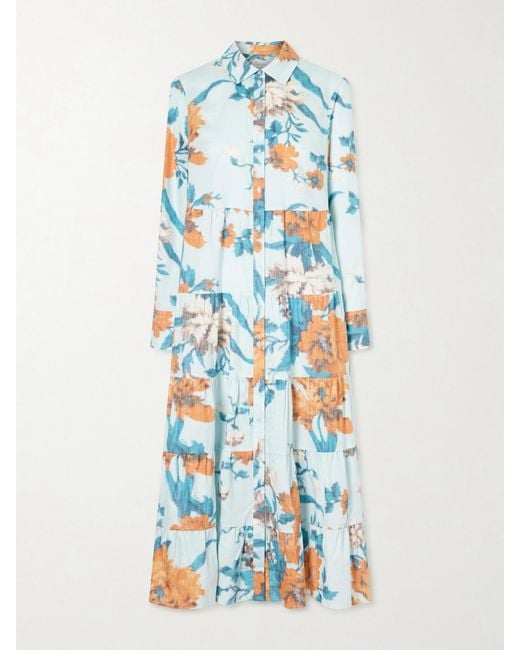 Erdem Blue Tiered Floral-Print Cotton Midi Dress