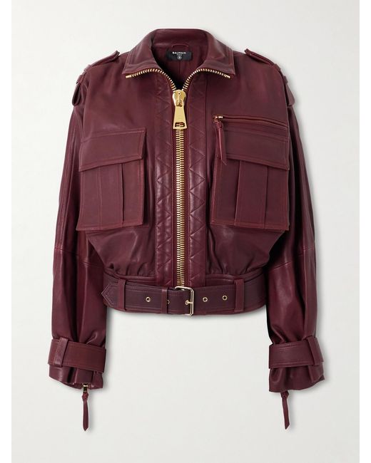 Balmain Red Belted Leather Bomber Jacket