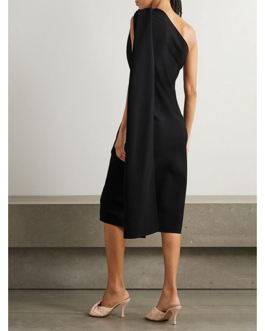 Bottega Veneta Black Cape-Effect Embellished One-Shoulder Crepe Midi Dress