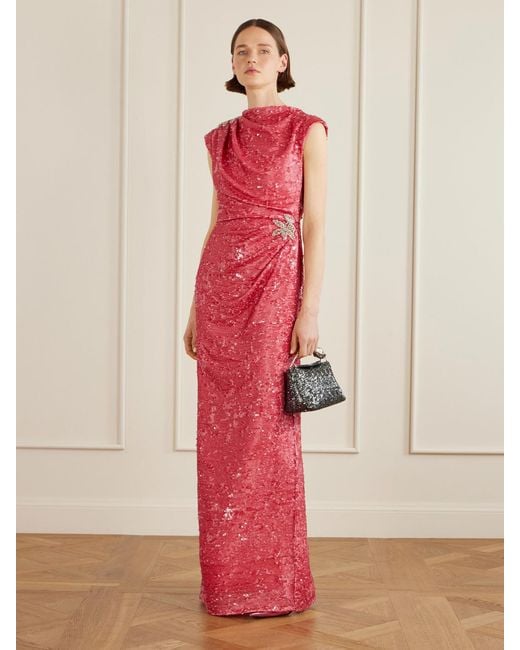 Erdem Red Draped Sequined Chiffon Gown