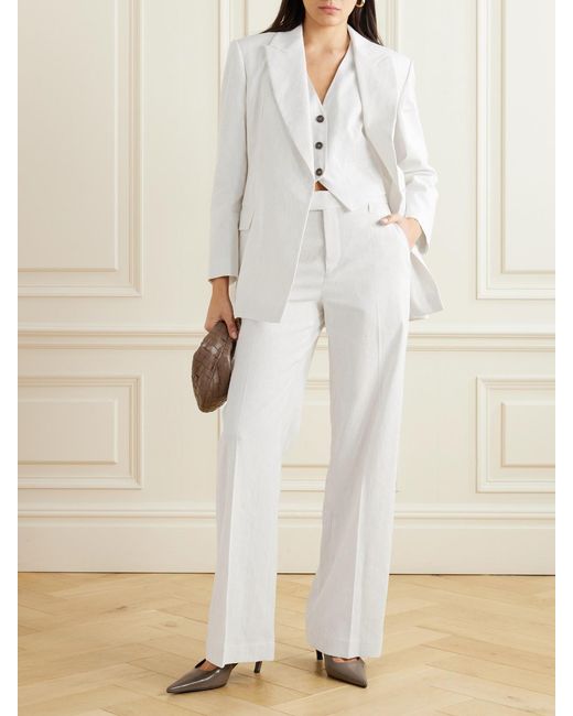 Brunello Cucinelli White Pinstriped Linen-Blend Wide-Leg Pants