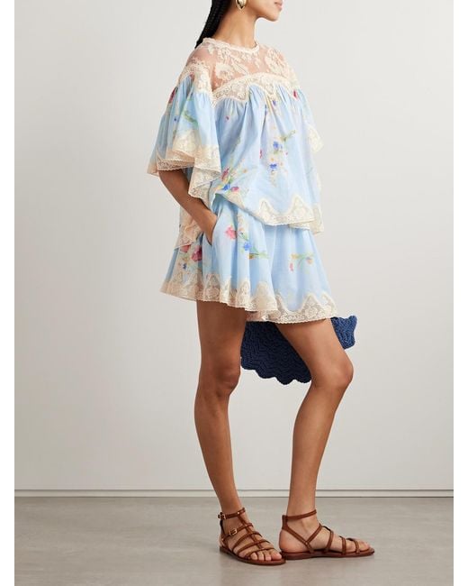 Zimmermann Blue Lucky Lace-Trimmed Pleated Floral-Print Cotton-Voile Shorts