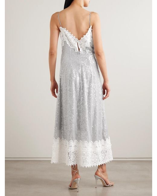 Erdem White Embellished Lace-Trimmed Sequined Georgette Midi Dress