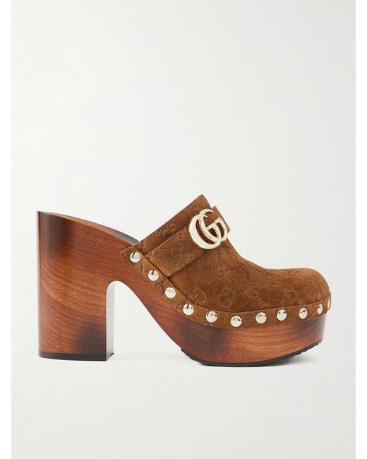 Gucci Brown Logo-Debossed Suede Clogs