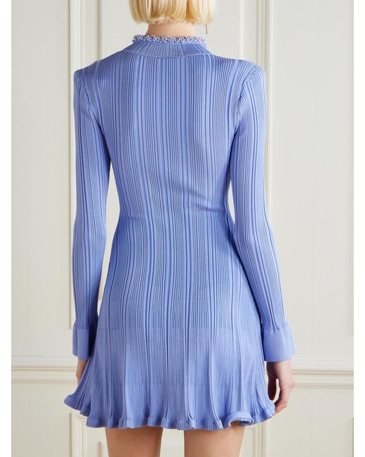 Self-Portrait Blue Faux Pearl-Embellished Ribbed-Knit Mini Dress