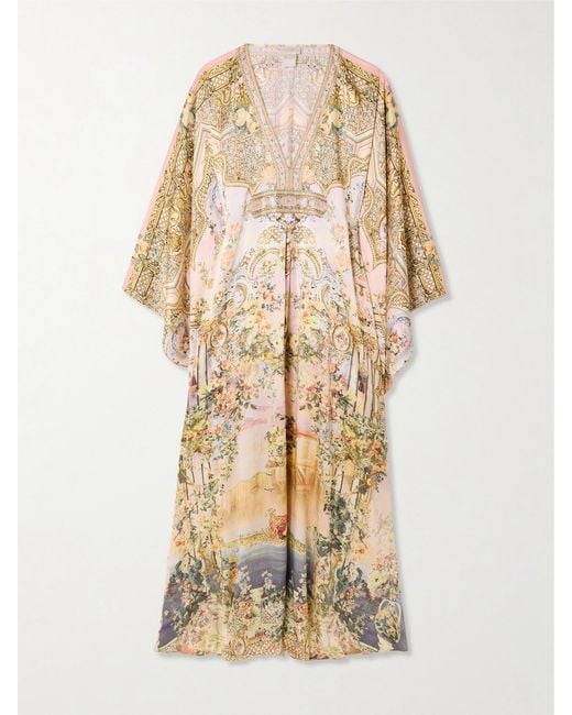 Camilla Natural Crystal-Embellished Printed Silk Kaftan