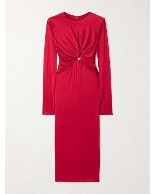 Versace Red Embellished Twist-Front Jersey Midi Dress