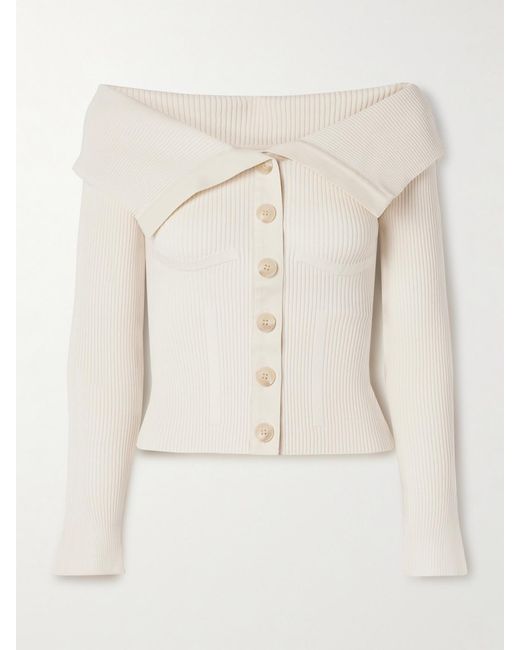 Zimmermann Natural Off-The-Shoulder Cotton-Trimmed Ribbed-Knit Cardigan