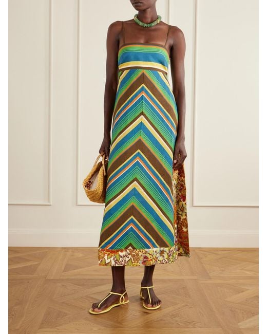 ALÉMAIS Blue Charlie Striped Floral-Print Linen Midi Dress