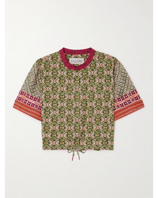 Saloni Green Jude Cropped Printed Cotton-Poplin Shirt