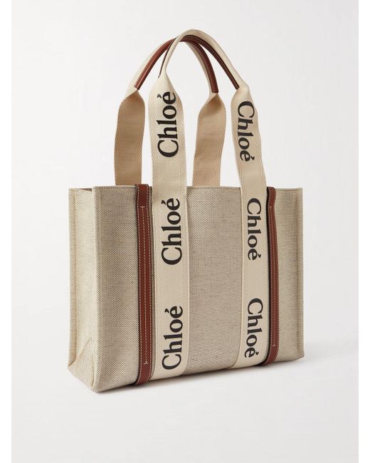 Chloé Natural Net Sustain Woody Mittelgroße Tote Aus Leinen Mit Lederbesätzen