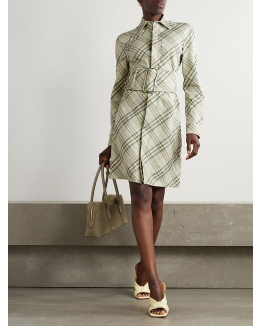 Burberry White Belted Checked Linen-Bend Mini Shirt Dress