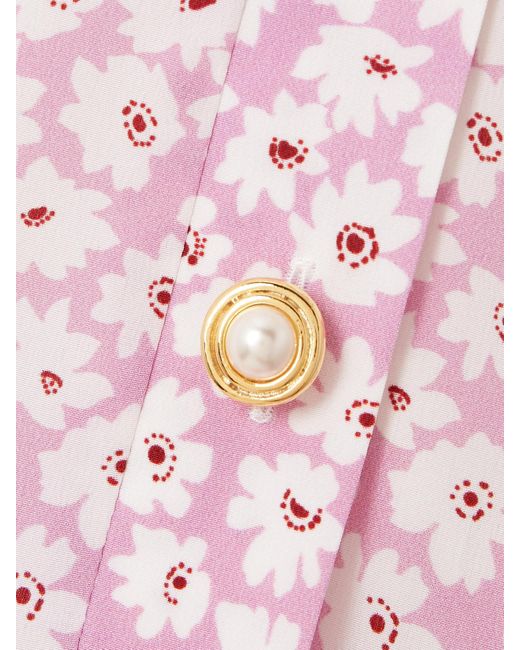 Alessandra Rich Pink Crepe-Trimmed Gathered Floral-Print Silk Midi Dress