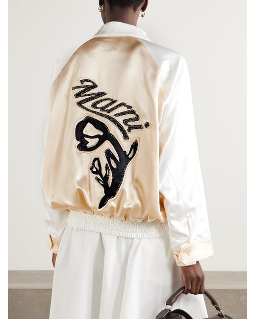 Marni White Appliquéd Two-Tone Satin Bomber Jacket