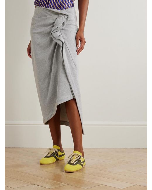 Dries Van Noten Gray Gathered Ruffled Asymmetric Cotton-Jersey Midi Skirt