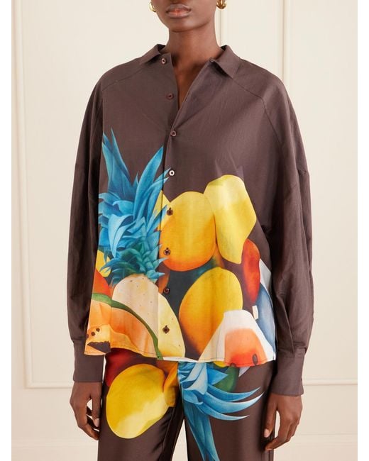 Donde Esteban Brown Salpicon Printed Silk Shirt