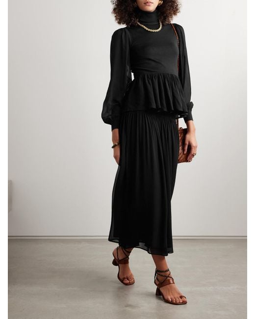 Ulla Johnson Black Liana Peplum Wool And Silk-Blend And Chiffon Turtleneck Sweater