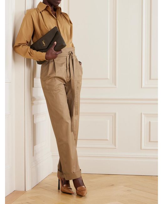 Saint Laurent Natural Hose Mit Geradem Bein Aus Baumwoll-Twill Mit Falten Und Bindegürtel