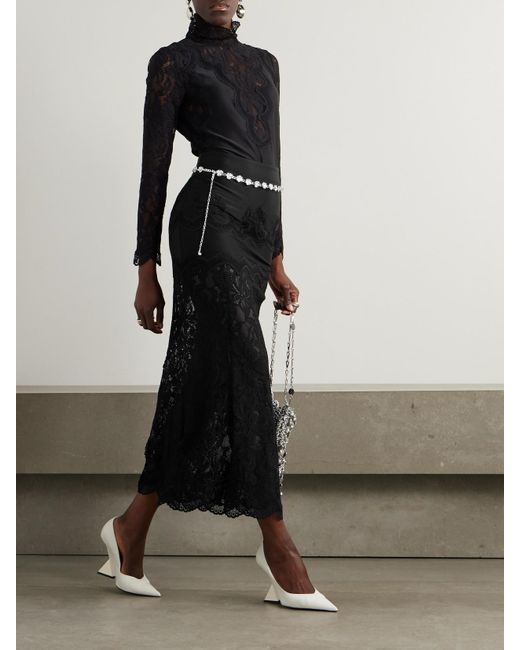 Rabanne Black Scalloped Satin And Lace Midi Skirt