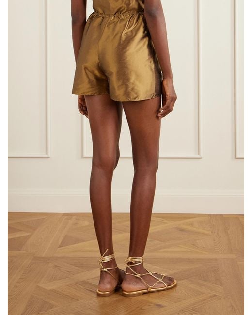SARA CRISTINA Natural Playa Pearl-Embellished Silk-Shantung Shorts