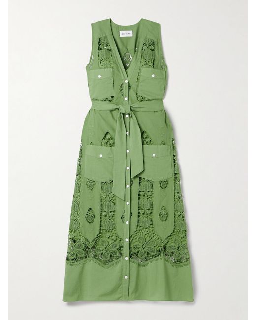 Robe Midi En Voile De Coton Et En Dentelle À Broderies Et À Ceinture Alexia Miguelina en coloris Green