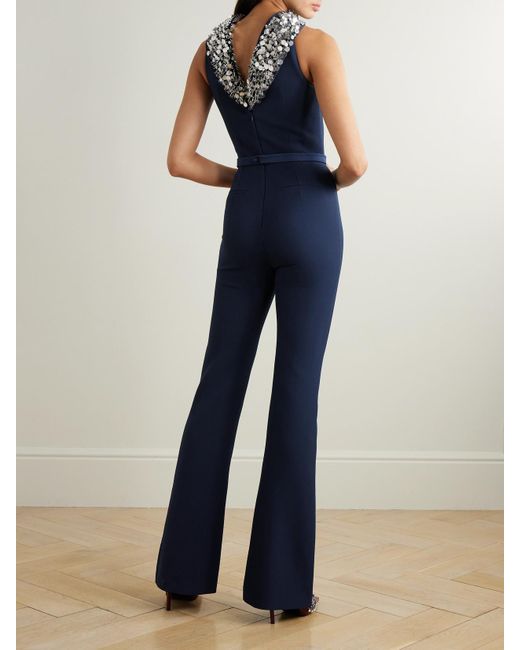 Safiyaa Blue Luna Embellished Duchesse Satin-Trimmed Crepe Jumpsuit