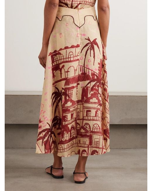 Johanna Ortiz Red Steps Of Joy Printed Linen Midi Skirt