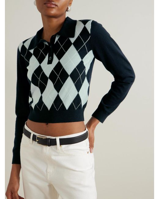FRAME Blue Argyle Merino Wool Polo Sweater