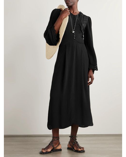 Isabel Marant Black Faustina Broderie Anglaise And Pointelle-Trimmed Poplin Midi Dress